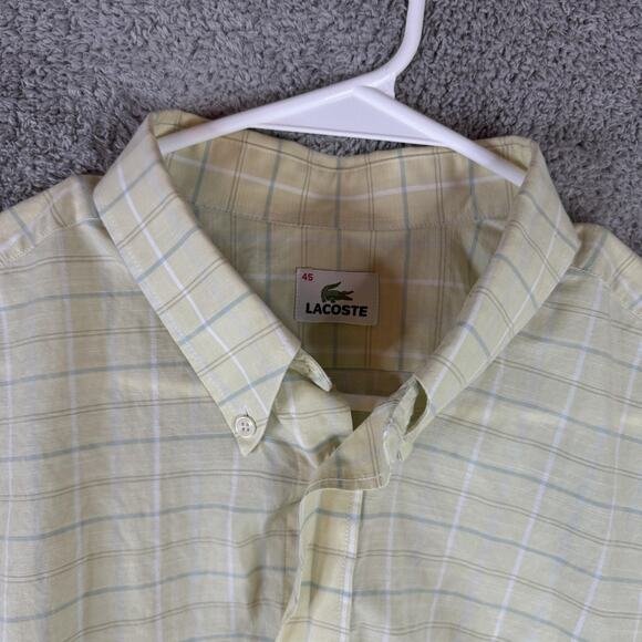 Lacoste Shirt Mens 45 Yellow Plaid Button Down Short Sleeve Alligator Logo - Picture 3 of 11